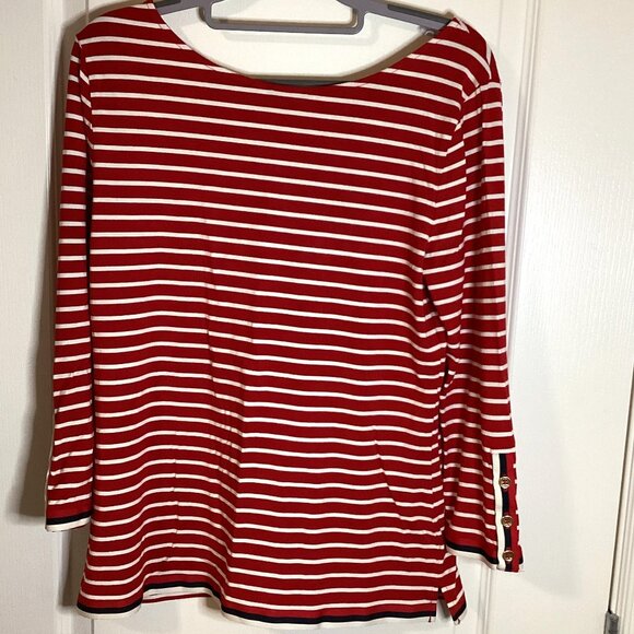 Talbots Womens Red White Strip T-Shirt 3/4 sleeves Size M Stretchy Casual Preppy - Picture 6 of 8